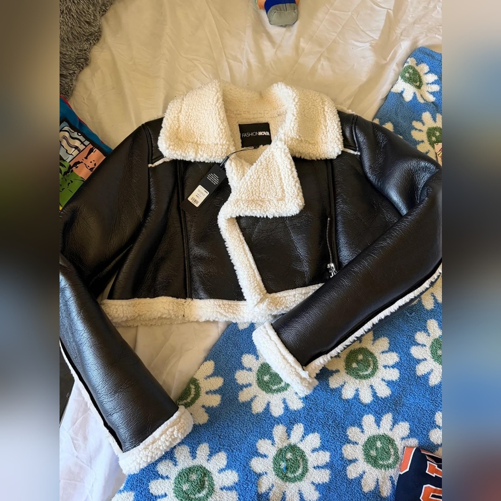 Fashion Nova  Black Faux Leather Puffer Jacket with White Sherpa Trim